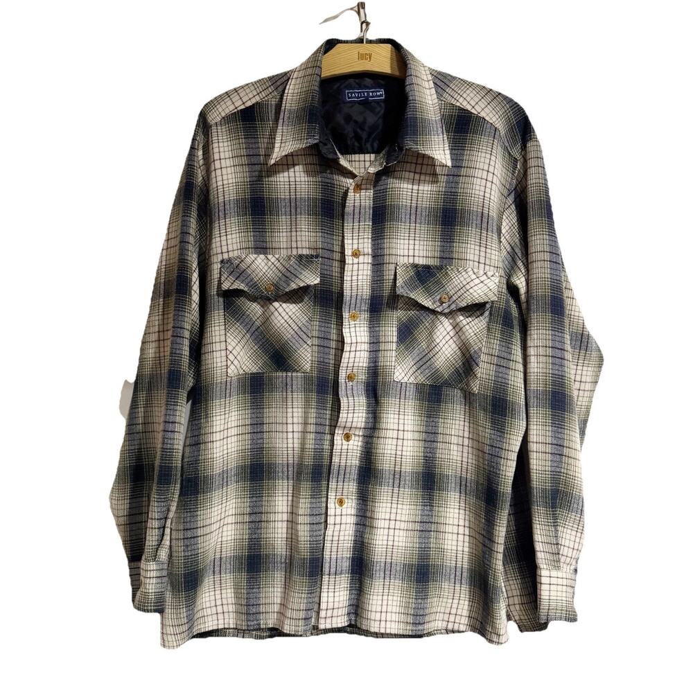 SAVILE ROW Plaid CHECKED FLANNEL SHIRT - Large Blue‎ Gray ACRYLIC